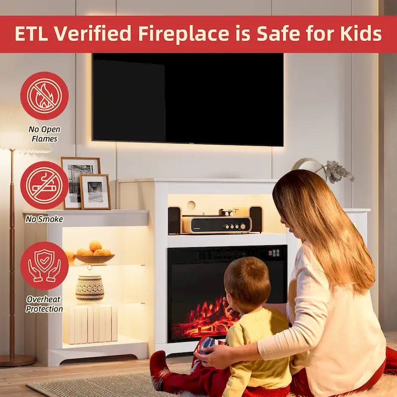 32  H TV Stand with Fireplace for TVs up to 80  - Remote Control, Energy-Efficient Heater, 16-Color Light Strip