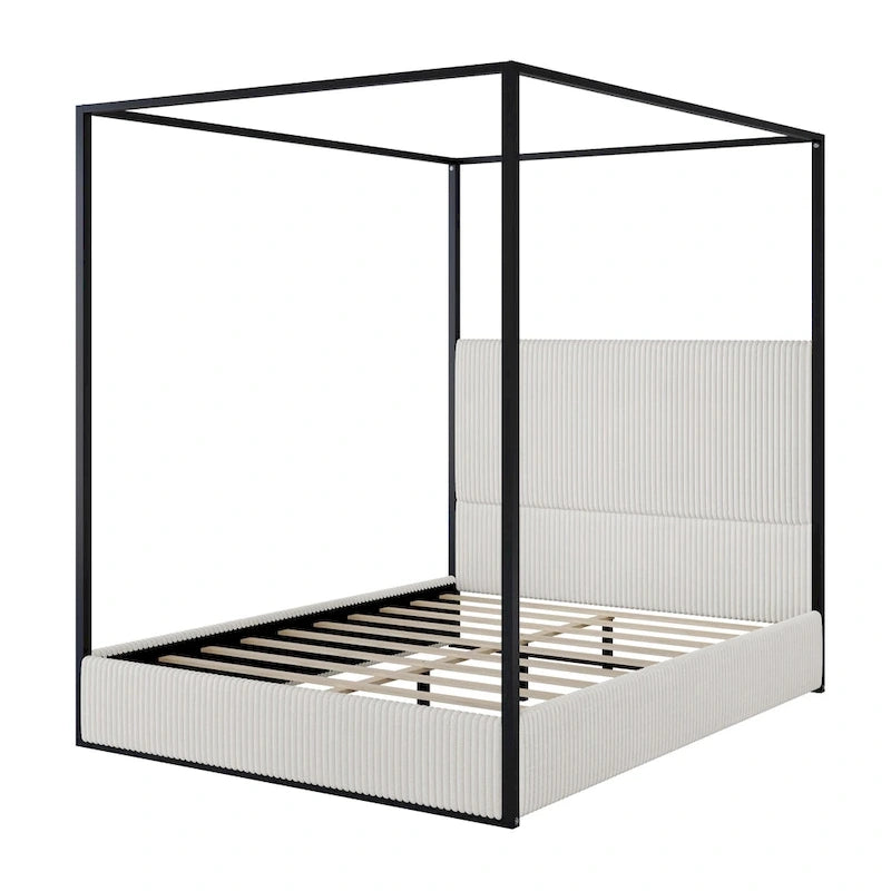 Metal Canopy Frame Platform Bed with Vertical Stripe Upholstered Headboard Wingback Bed, Four Poster Bed, Low Profile Panel Bed