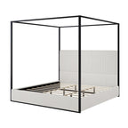 Metal Canopy Frame Platform Bed with Vertical Stripe Upholstered Headboard Wingback Bed, Four Poster Bed, Low Profile Panel Bed