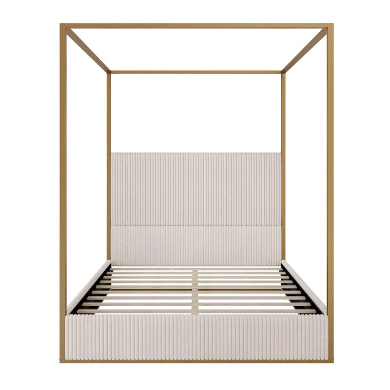 Metal Canopy Frame Platform Bed with Vertical Stripe Upholstered Headboard Wingback Bed, Four Poster Bed, Low Profile Panel Bed