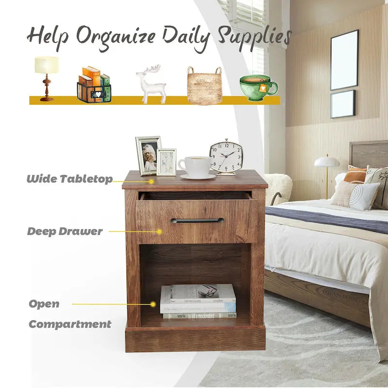 Gymax Nightstand with Drawer and Shelf Rustic Wooden Bedside Table