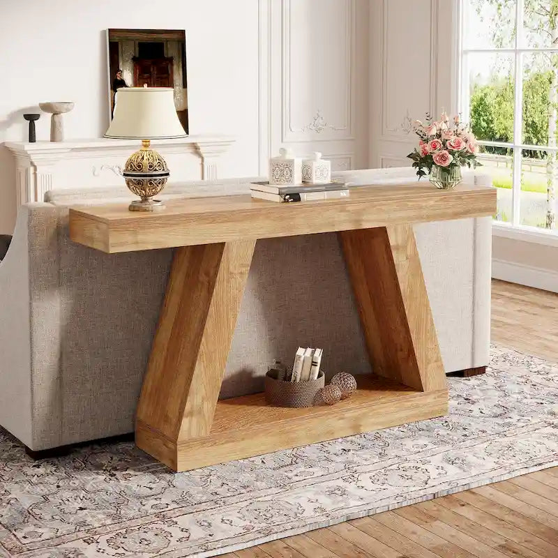 55 Inches Farmhouse Wood Console Sofa Table with Storage - 11.81  D x 55.12  W x 31.5  H