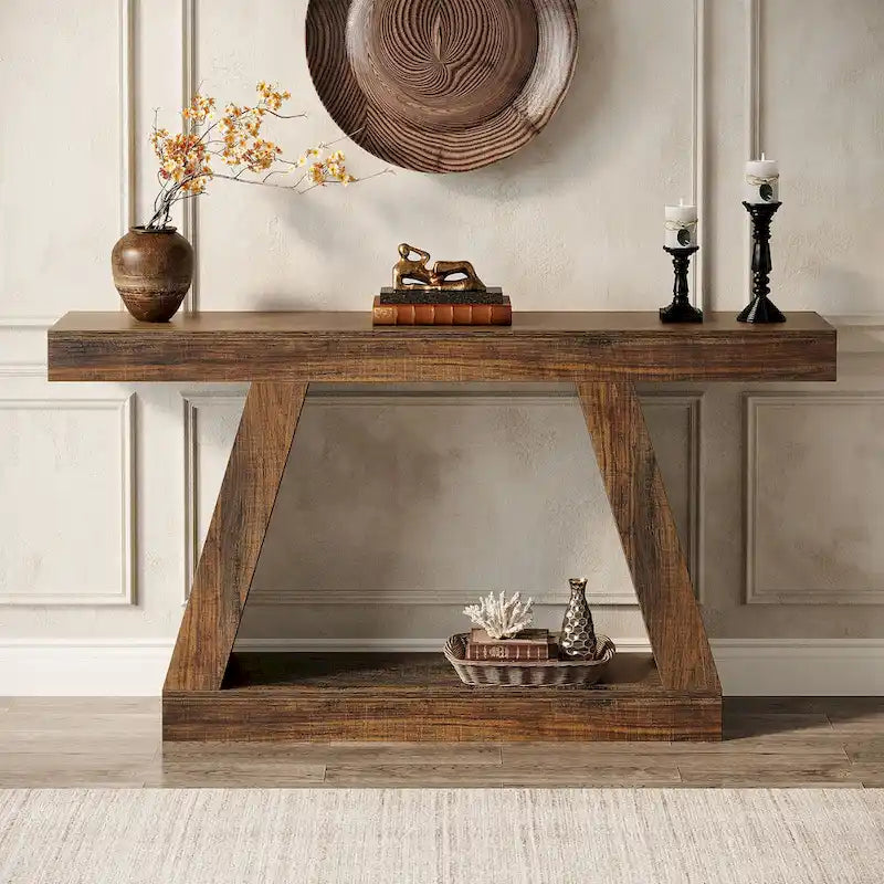 55 Inches Farmhouse Wood Console Sofa Table with Storage - 11.81  D x 55.12  W x 31.5  H