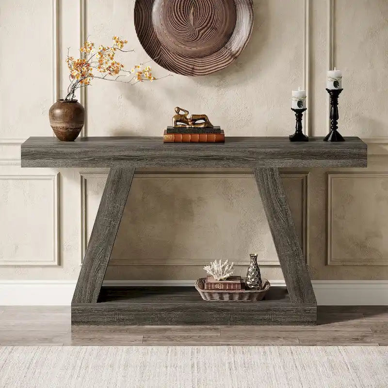 55 Inches Farmhouse Wood Console Sofa Table with Storage - 11.81  D x 55.12  W x 31.5  H