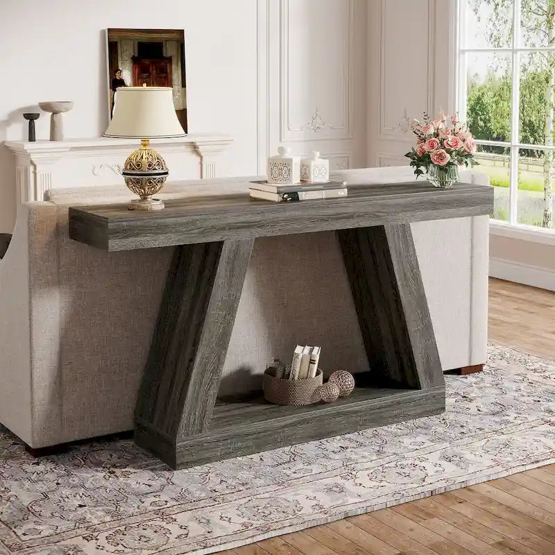 55 Inches Farmhouse Wood Console Sofa Table with Storage - 11.81  D x 55.12  W x 31.5  H