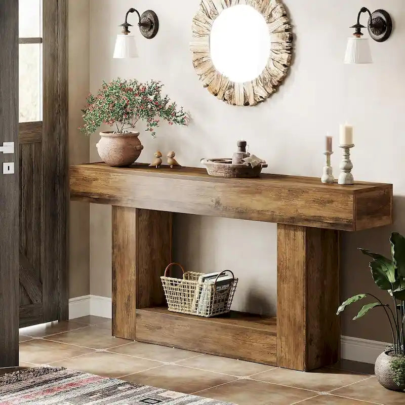 Farmhouse 2 Tiers Entryway Table, 63 Inches Console Table, Narrow Sofa Table