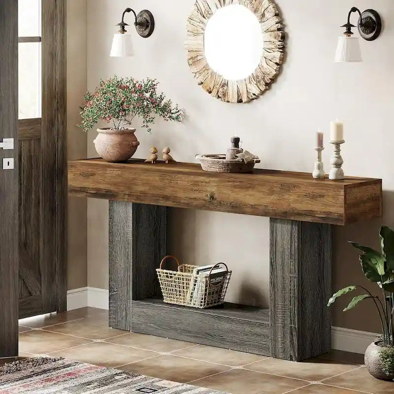 Farmhouse 2 Tiers Entryway Table, 63 Inches Console Table, Narrow Sofa Table