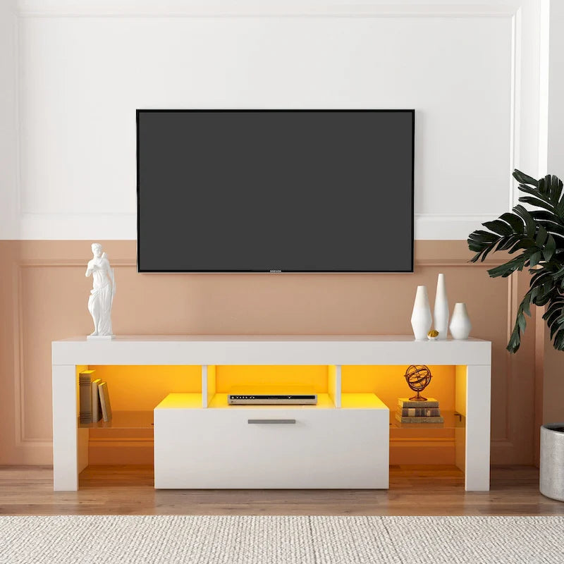 White 51.22 TV Stand with LED Lights and Toughened Glass Shelf for TVs Up to 55