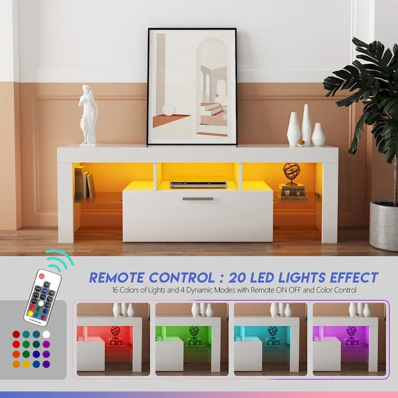 White 51.22 TV Stand with LED Lights and Toughened Glass Shelf for TVs Up to 55