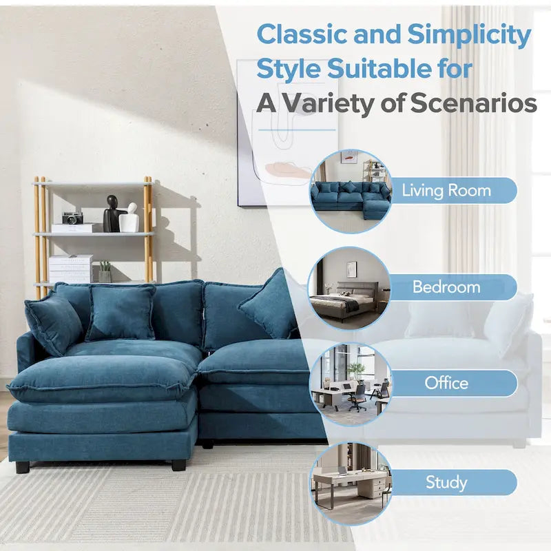 Blue 112.2 Modern L-Shaped 4-Seat Sofa with Removable Ottoman