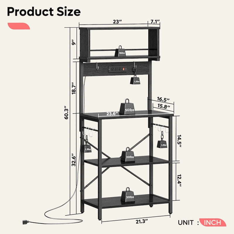 60 Inch Kitchen Baker's Rack with Hutch 8 Side Hooks