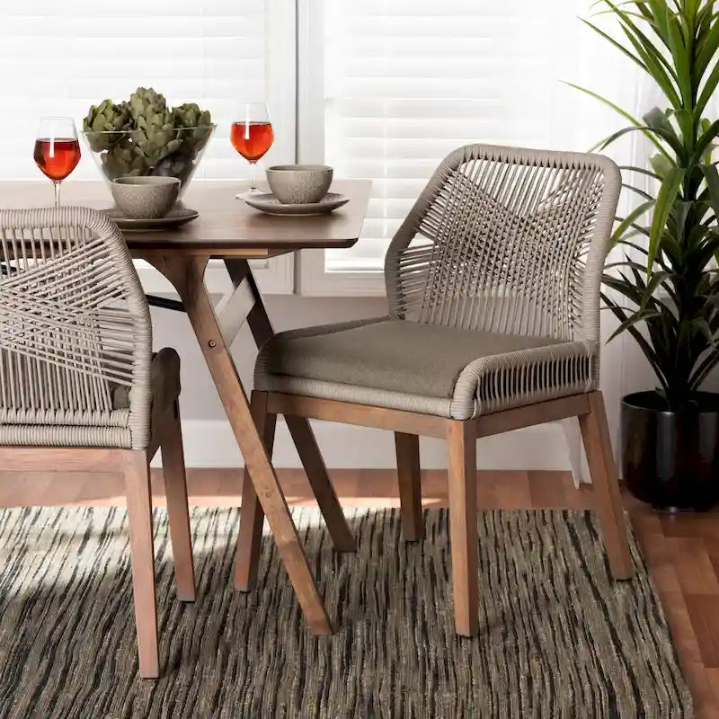 Modern Transitional-Style Rope-Woven Mahogany Dining Chair 鈥?Gray