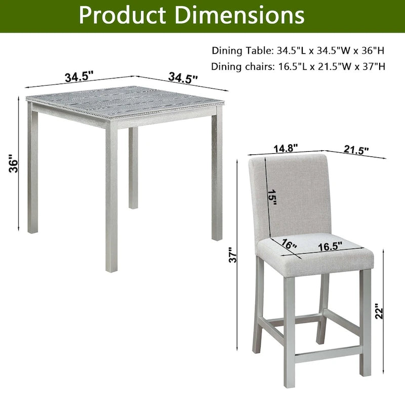 Modern 5-Piece Dining Set with Square Counter Height Table & 4 Upholstered Chairs