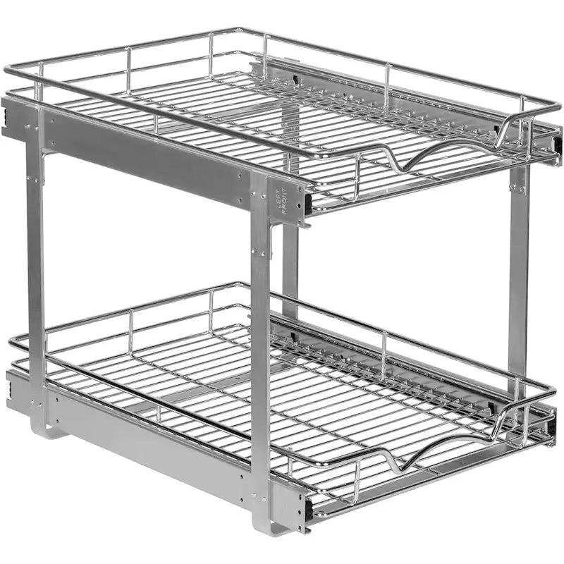 Pull Out Cabinet Organizer 2 Tier  Heavy Duty Metal with Lifetime Limited Warranty - Anti Rust Chrome Finish