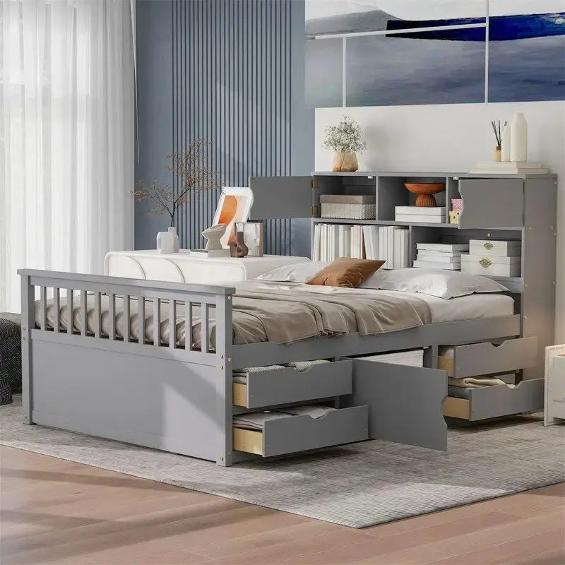 Twin/Full Size Captain Platform Bed with 4 Drawers and Storage Shelves, Solid Wood Bed Frame with Storage Bookcase Headboard