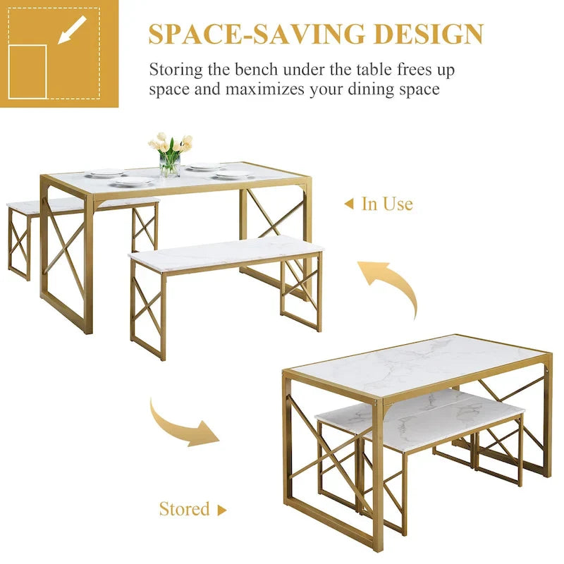 VECELO 3-pieces Dining Table with Bench, Dinning Room Table Set for 4-6, Kitchen Table with 2 Benches Dining Table Set