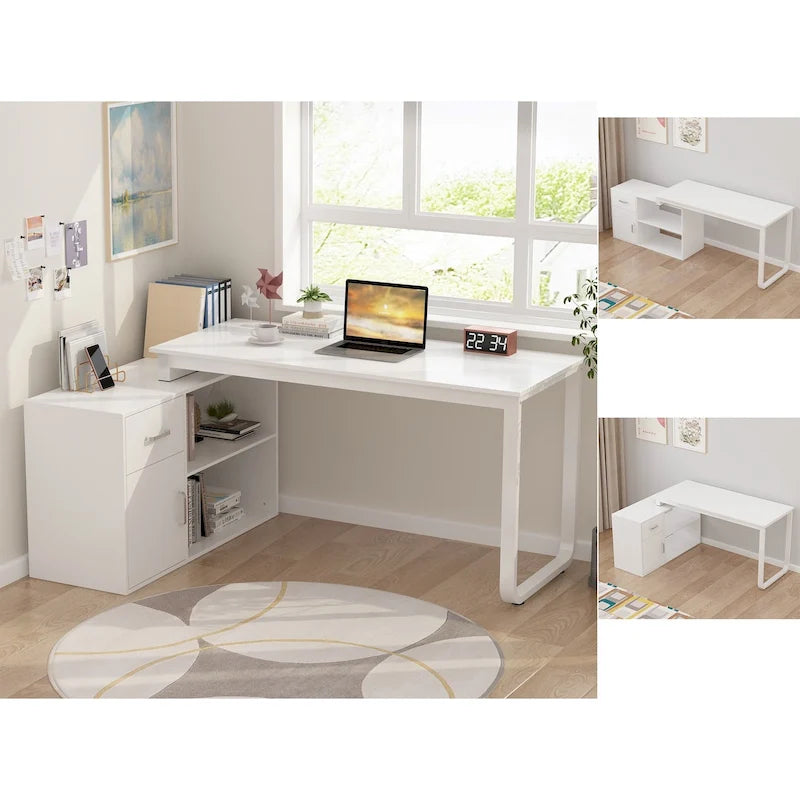 White Reversible L Shape Desk Rotating Desk Working Desk Computer
