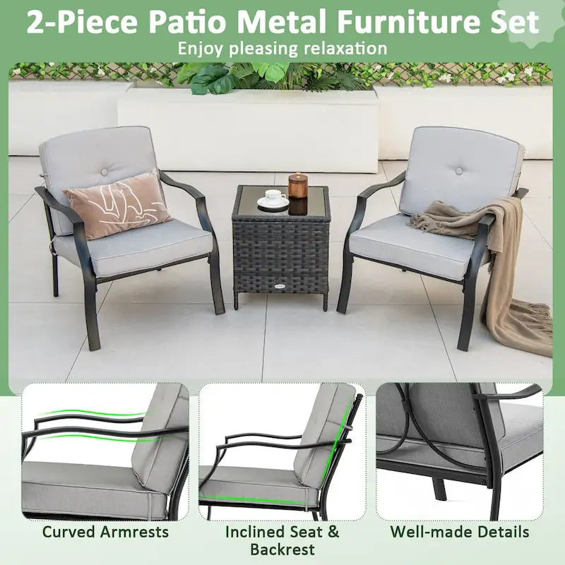 Gymax 2PCS Metal Chairs Outdoor Dining Seat Heavy Duty w/ Cushions