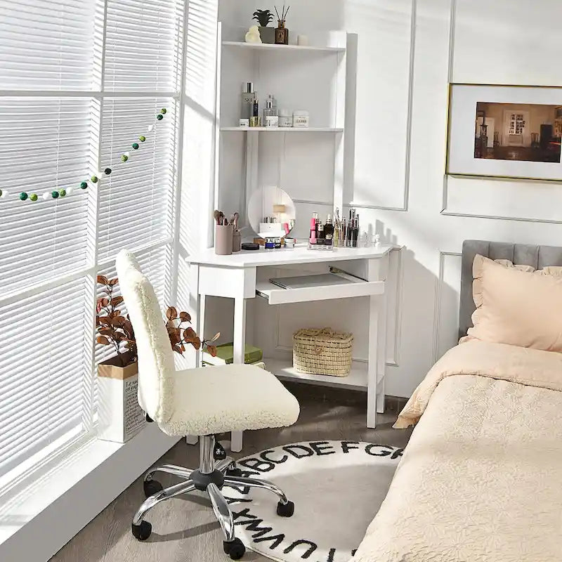 Triangle Corner Desk with Hutch - Bookshelves - Keyboard Tray - Black/White