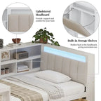 L-shaped Wooden Sofa Daybed with Desk, Bookcase Cabinet, Corner Bed with Under-bed Drawers, Upholstered Headboard Built-in Light