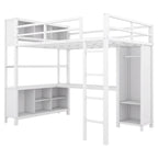 Off-White Metal Loft Bed with Desk and Wardrobe - Full Size