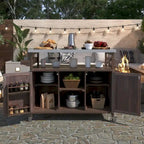 Outdoor Kitchen Island, Rolling Bar Cart & Storage Cabinet,Solid Wood Grill Table with Stainless Steel Top,Spice Rack,Towel Rack