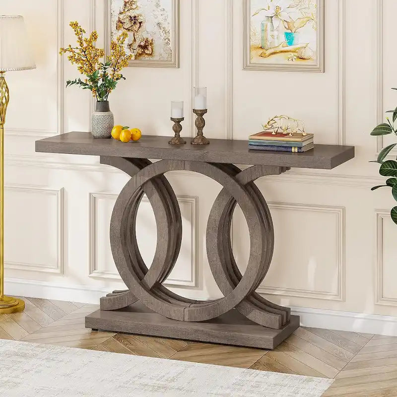 Vintage Console Table with Geometric Base Wooden Hallway Table