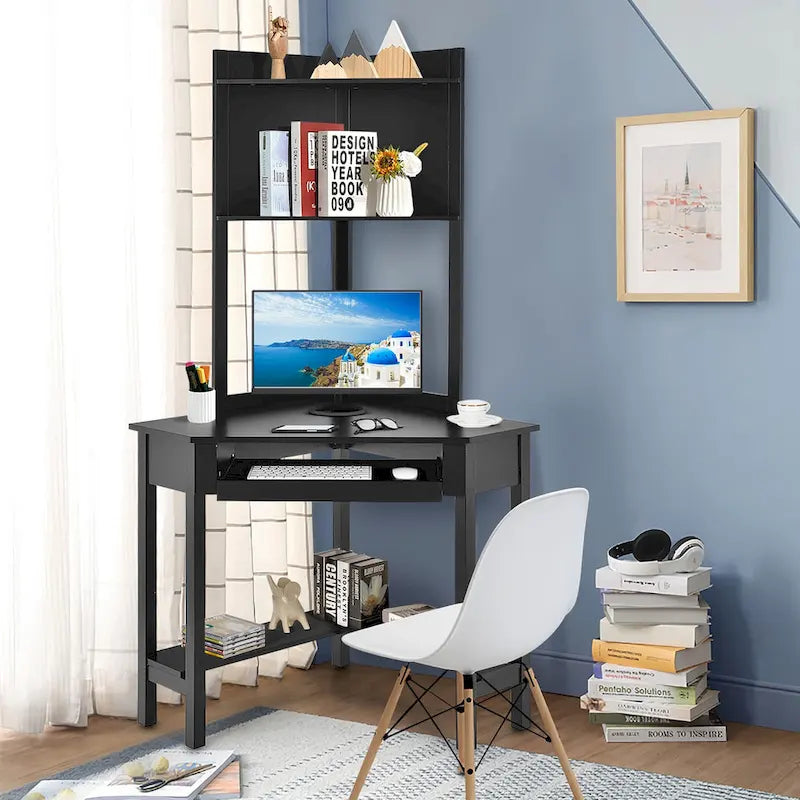 Triangle Corner Desk with Hutch - Bookshelves - Keyboard Tray - Black/White