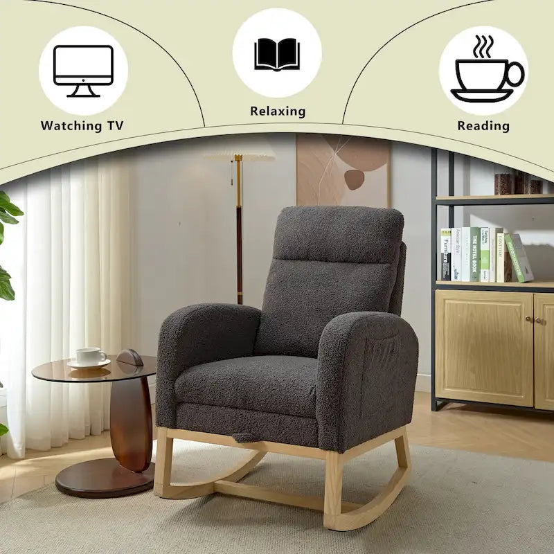 Modern 29.5 High Back Upholstered Rocking Chair with Solid Wood Legs and Adjustable Footrest