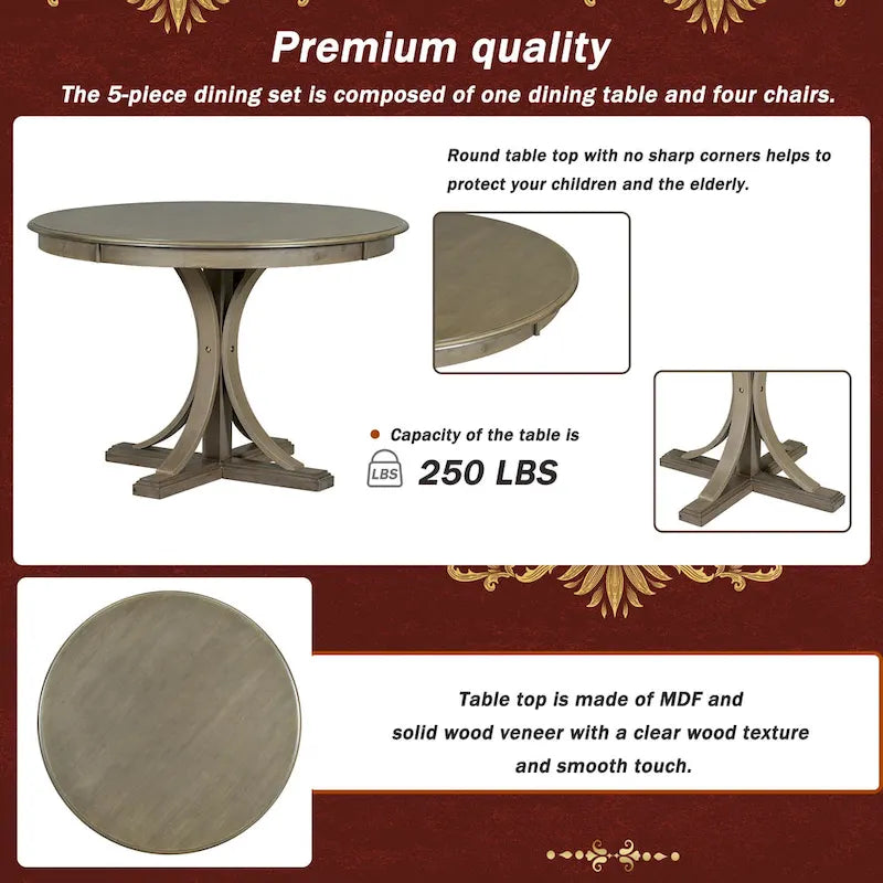 Taupe Retro 5-Piece Wooden Dining Table Set with Curved Trestle Table & 4 Chairs