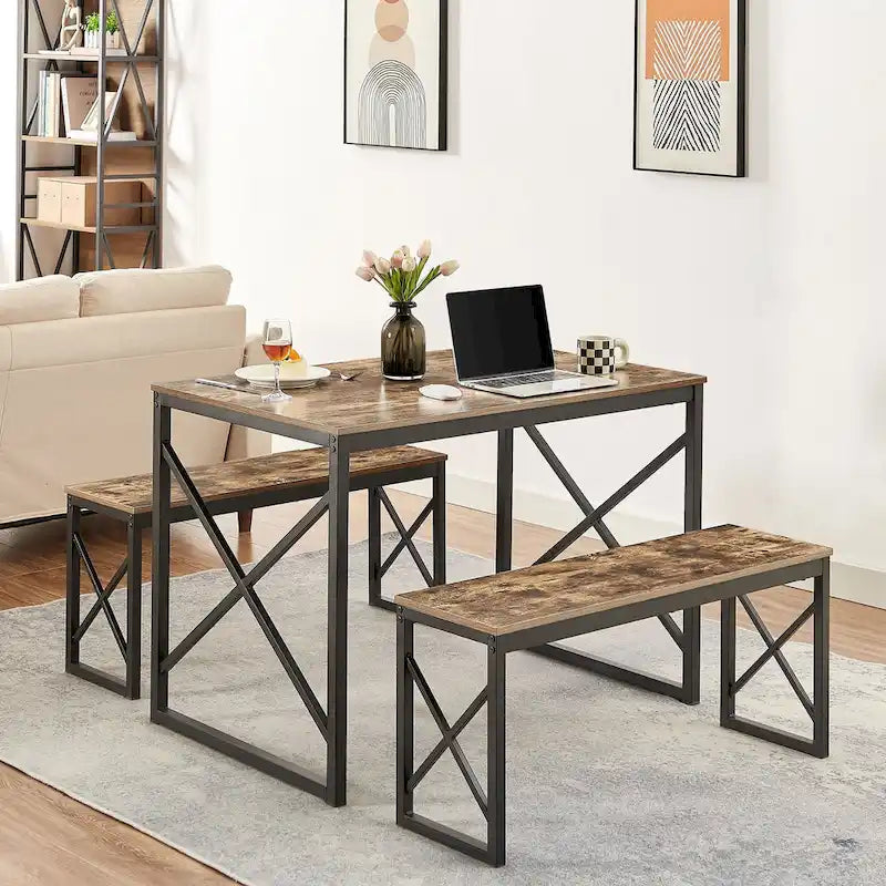 VECELO 3-pieces Dining Table with Bench, Dinning Room Table Set for 4-6, Kitchen Table with 2 Benches Dining Table Set