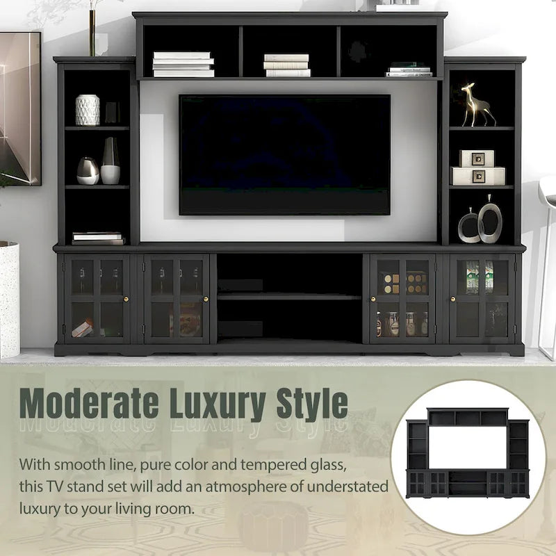 Entertainment Wall Unit with Bridge, Tempered Glass Doors for TVs Up to 70