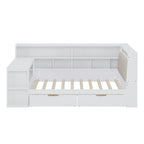 L-shaped Wooden Sofa Daybed with Desk, Bookcase Cabinet, Corner Bed with Under-bed Drawers, Upholstered Headboard Built-in Light