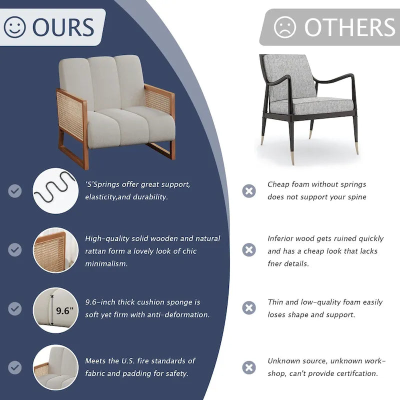 Rattan Accent Chairs, Upholstered Natural Rattan Chair Mid Century Modern Linen Armchair Side Chairs for Living Room Bedroom