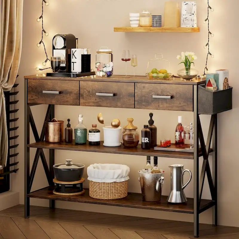 Console Table with 3 Drawers, Entryway Sofa Table with 3 Tier Storage Shelves