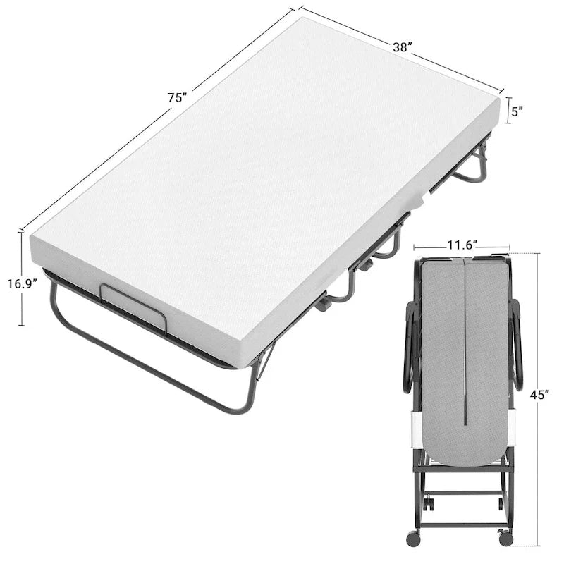 Folding Bed with 5 Inch Memory Foam Mattress, Rollaway Bed Extra Guest Bed with Wheel