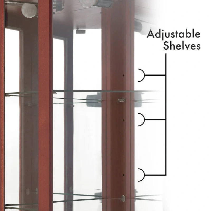 6 Shelf Corner Curio Display Cabinet with Lights, Mirrors and Adjustable Shelves, Cherry