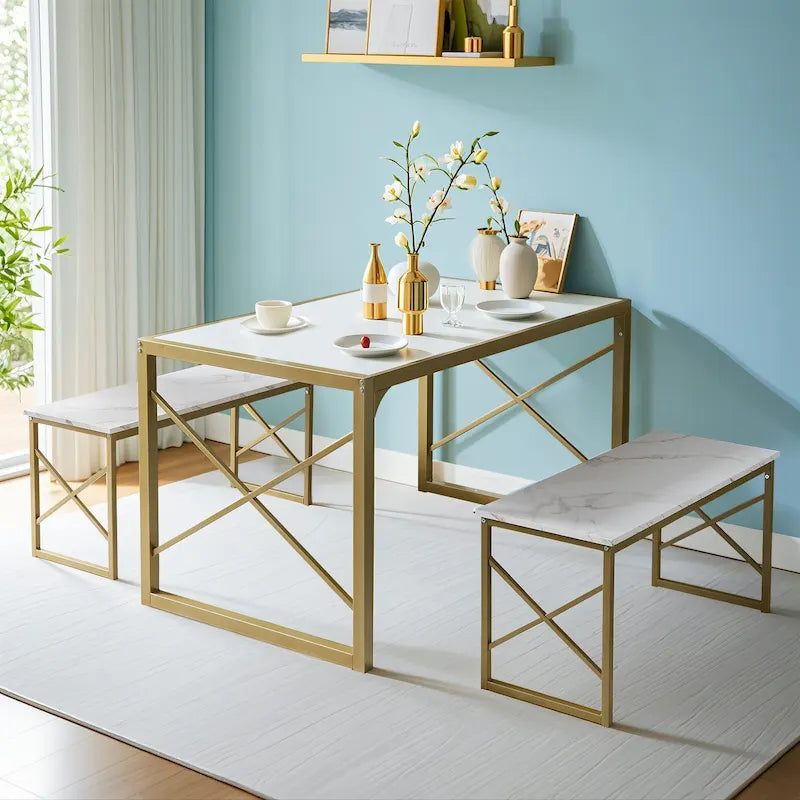 VECELO 3-pieces Dining Table with Bench, Dinning Room Table Set for 4-6, Kitchen Table with 2 Benches Dining Table Set