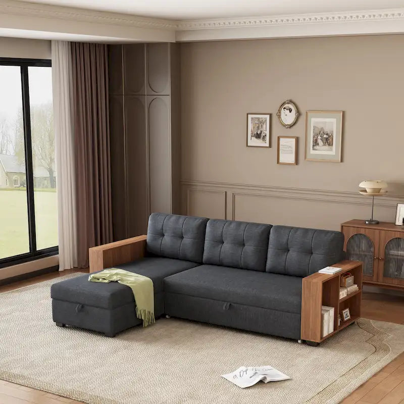 Convertible Sectional Sofa with Pull-Out Bed and Hidden Storage Chaise