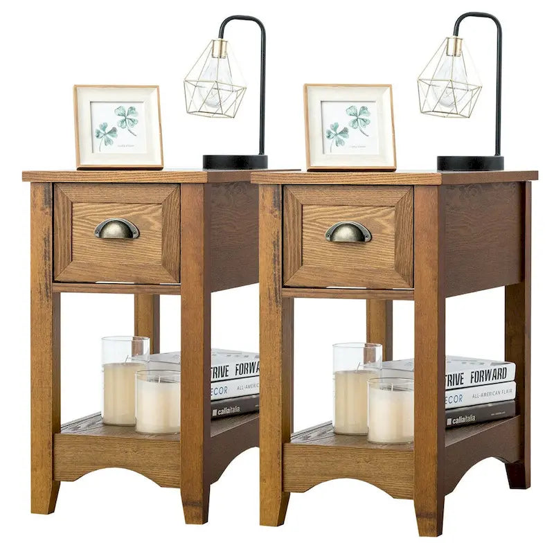 Gymax Set of 2 Contemporary Side End Table Compact Table w/ Drawer - 13  X 22  X 23  (L X W X H)