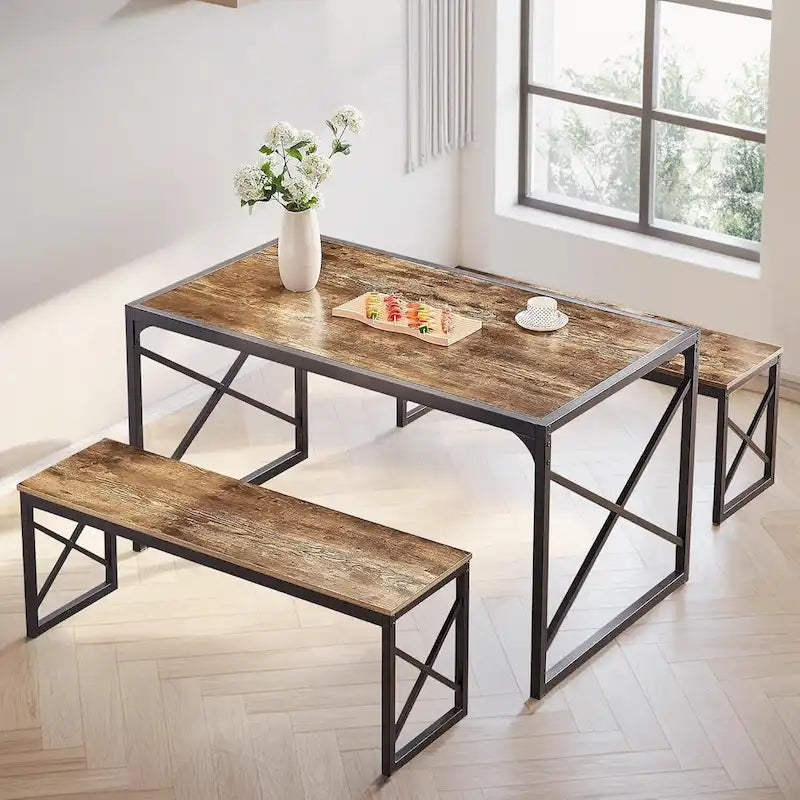 VECELO 3-pieces Dining Table with Bench, Dinning Room Table Set for 4-6, Kitchen Table with 2 Benches Dining Table Set