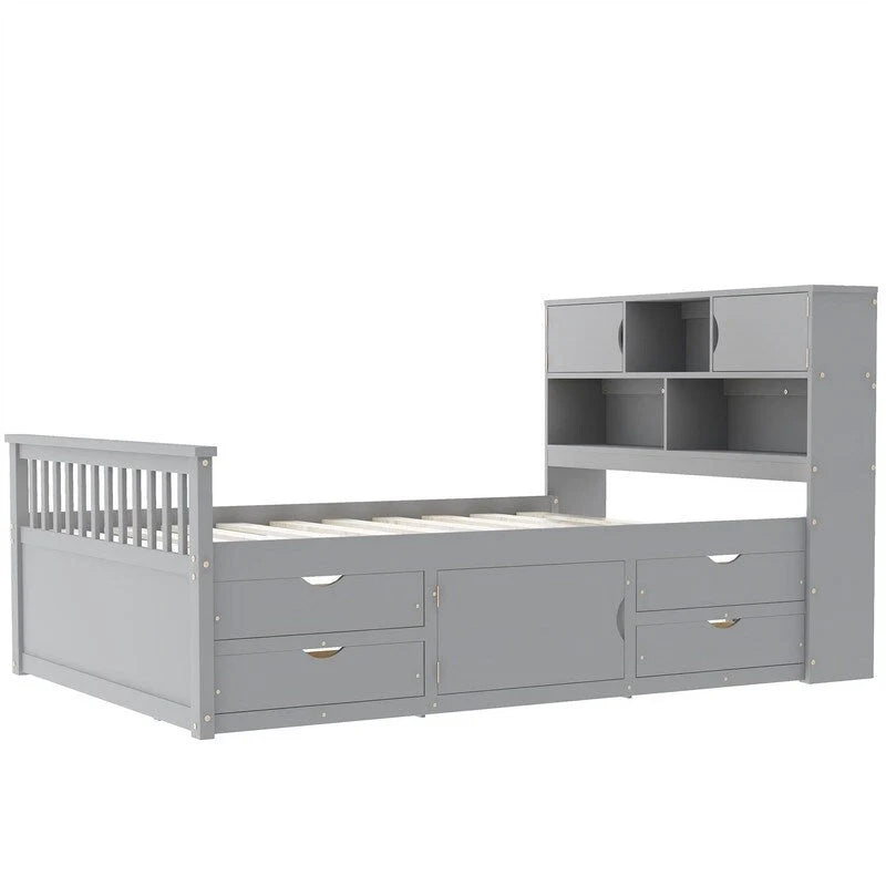 Twin/Full Size Captain Platform Bed with 4 Drawers and Storage Shelves, Solid Wood Bed Frame with Storage Bookcase Headboard