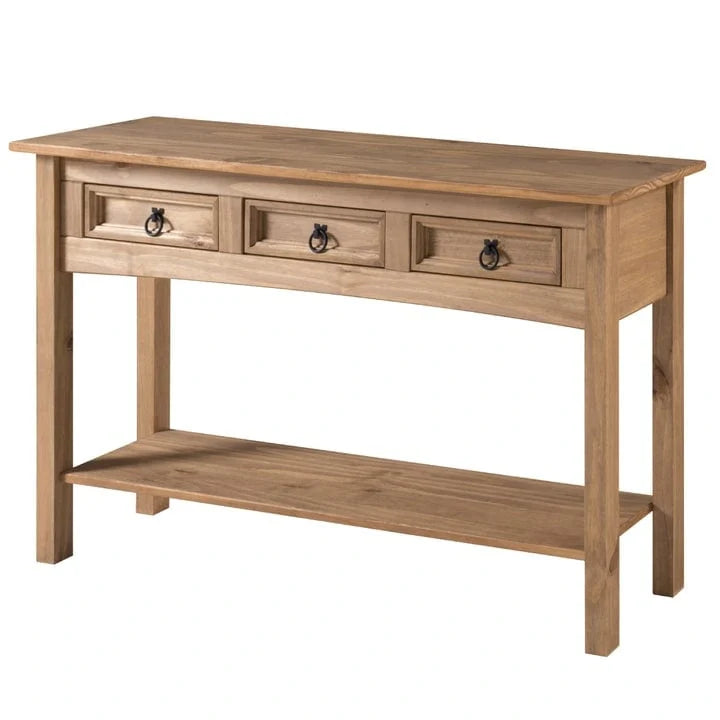 Rustic Solid Pine Console Hall Table, White Wash / Antique Brown / Gray Wash / Unpainted, 3 Drawers
