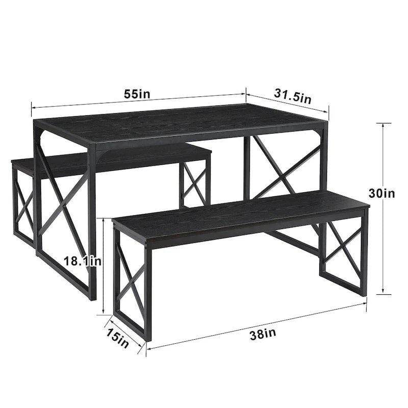 VECELO 3-pieces Dining Table with Bench, Dinning Room Table Set for 4-6, Kitchen Table with 2 Benches Dining Table Set