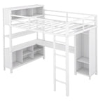 Off-White Metal Loft Bed with Desk and Wardrobe - Full Size