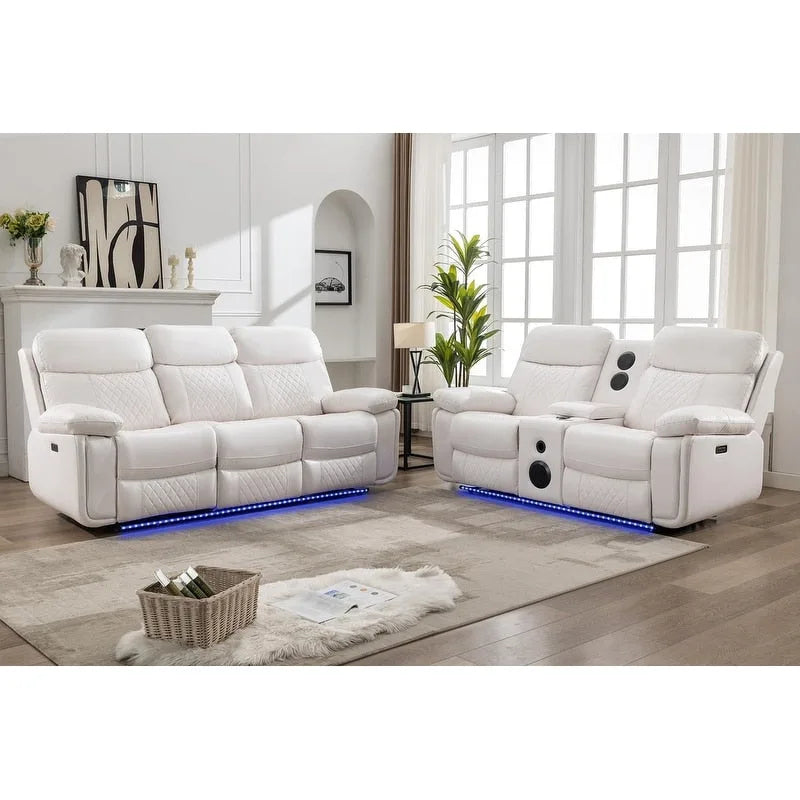Power Reclining Sofa with Wireless Charger,Reading Light,LED Light for Living Room,Faux Leather,AC/USB Port,Cup Holder,Black