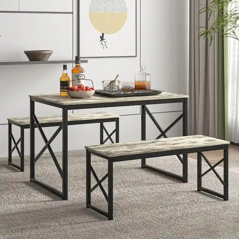 VECELO 3-pieces Dining Table with Bench, Dinning Room Table Set for 4-6, Kitchen Table with 2 Benches Dining Table Set