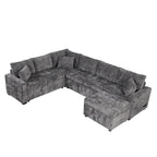 Chenille Sectional Sofa Pull-out Sofa Bed, L-Shape Sleeper Sofa with Storage Ottoman, 3 Pillows and Charging Devices