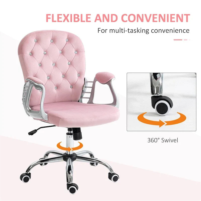 Velvet Adjustable Height Home Office Chair w/ Padded Armrests & Wheel - N/A