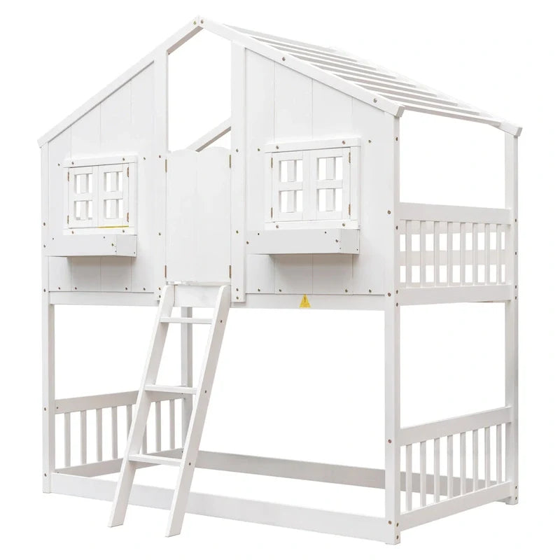 Twin over Twin House Bunk Bed with Roof , Window, Window Box, Door , with Safety Guardrails and Ladder, Grey
